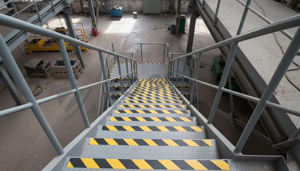Photoluminescent anti-slip tape on a step or a ramp edge in a working area, showing wear and traffic.