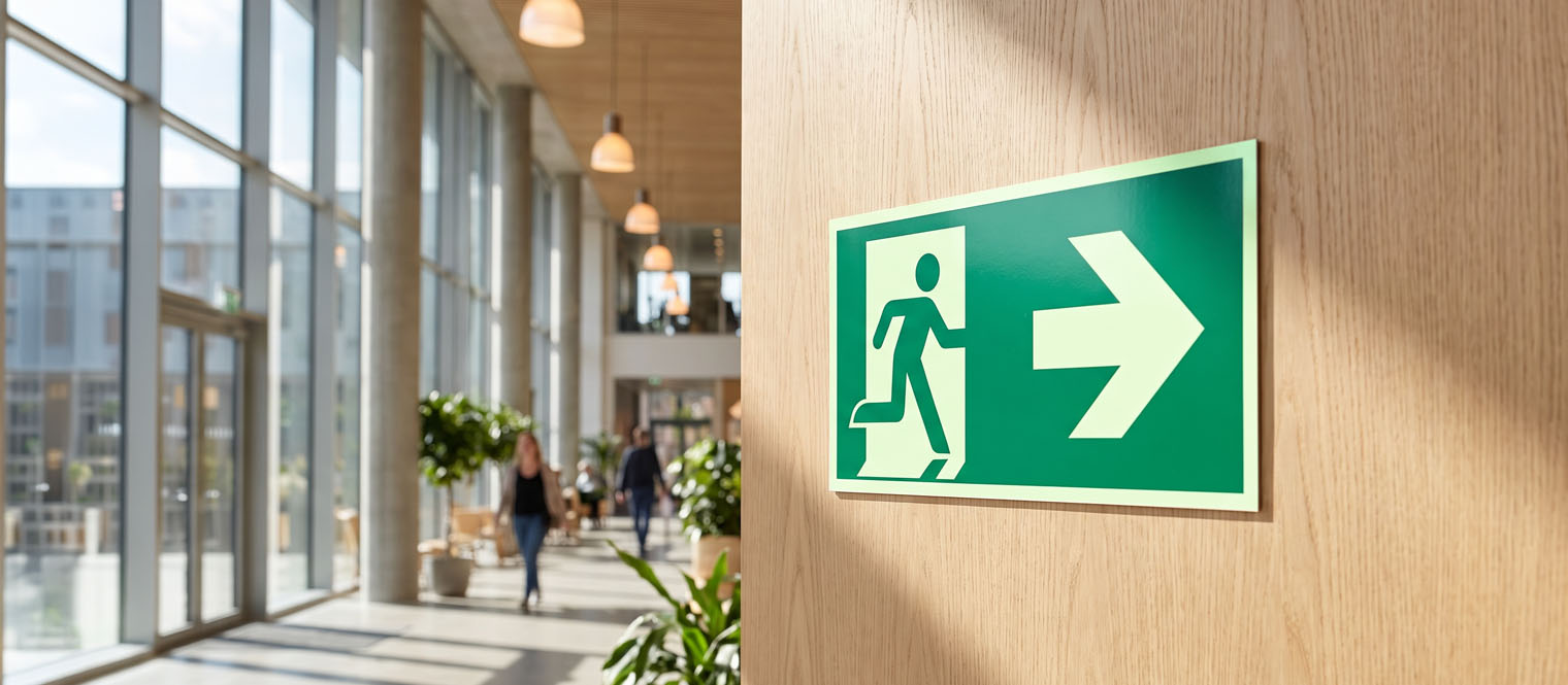 An emergency exit sign along an escape route, photographed from the position a person leaving the building would stand in.