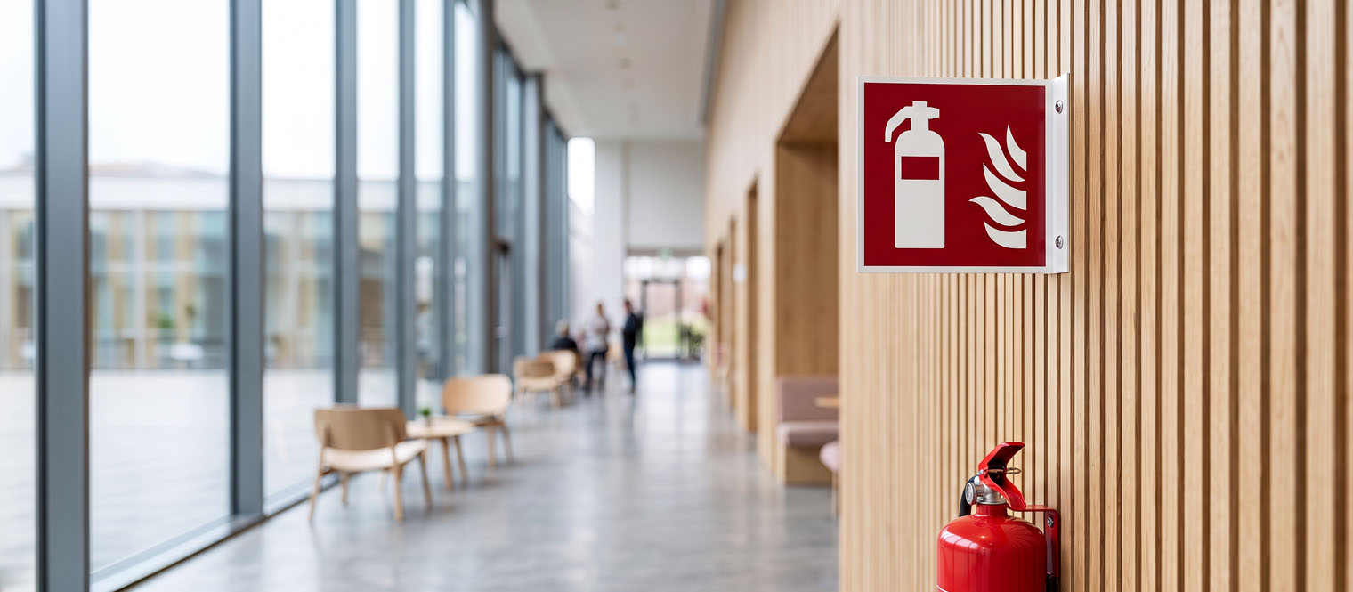 A fire safety sign mounted above fire-fighting equipment, high enough to be seen over obstructions.