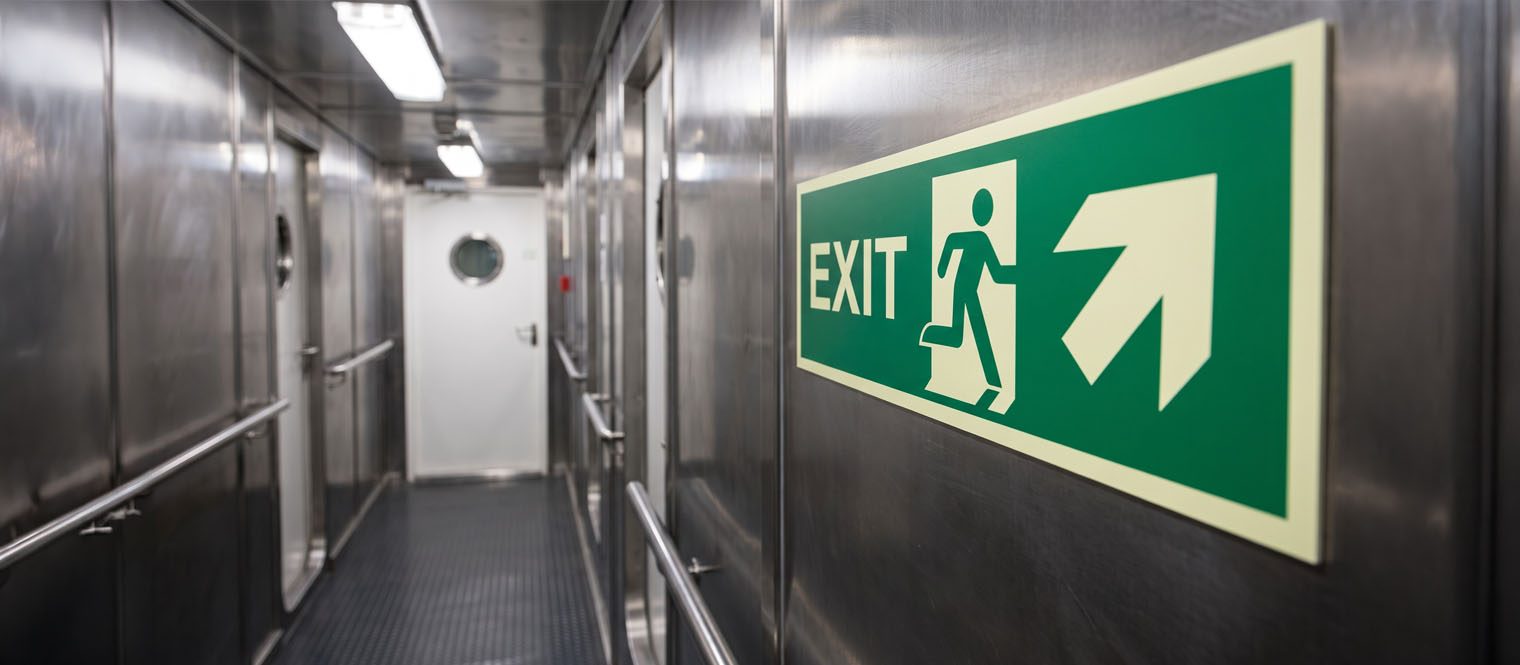 Means-of-escape signage in a vessel corridor or stairwell, showing the route direction.