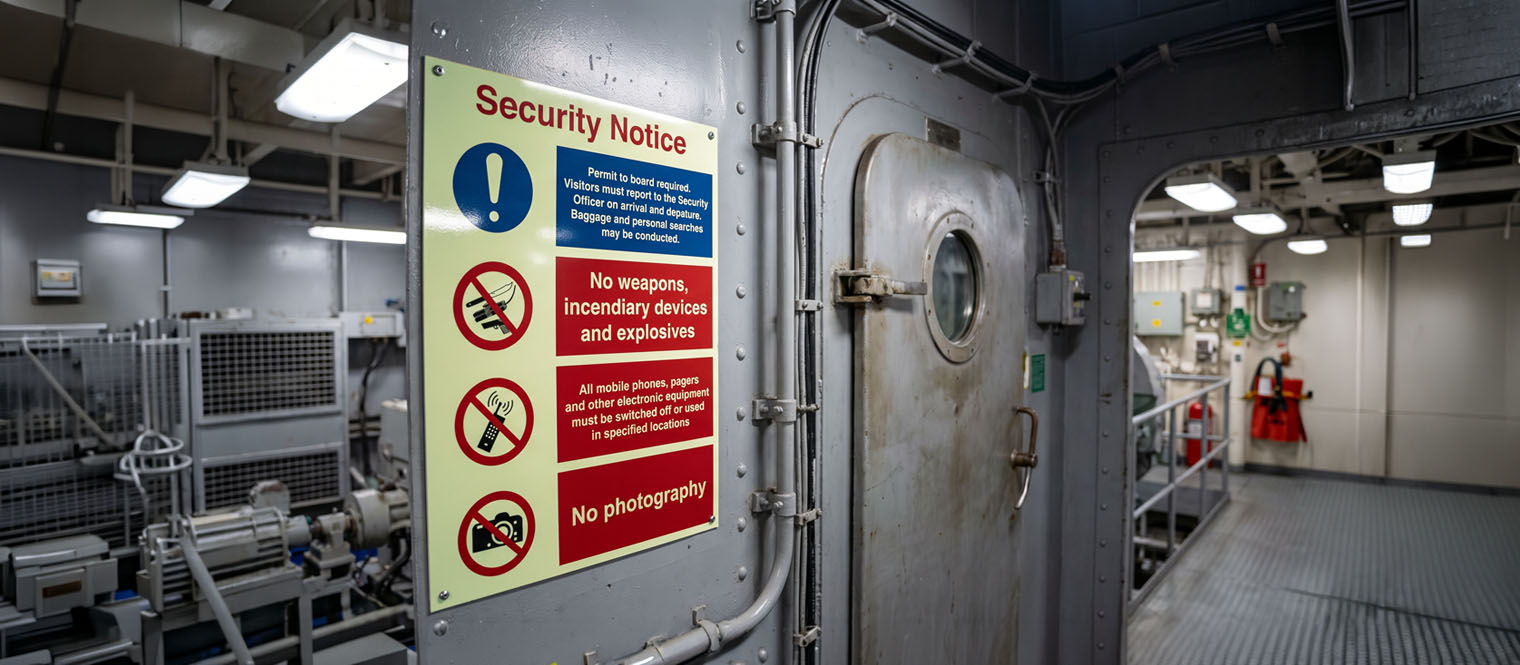 A combination sign panel at a machinery space or workshop entrance aboard a vessel.