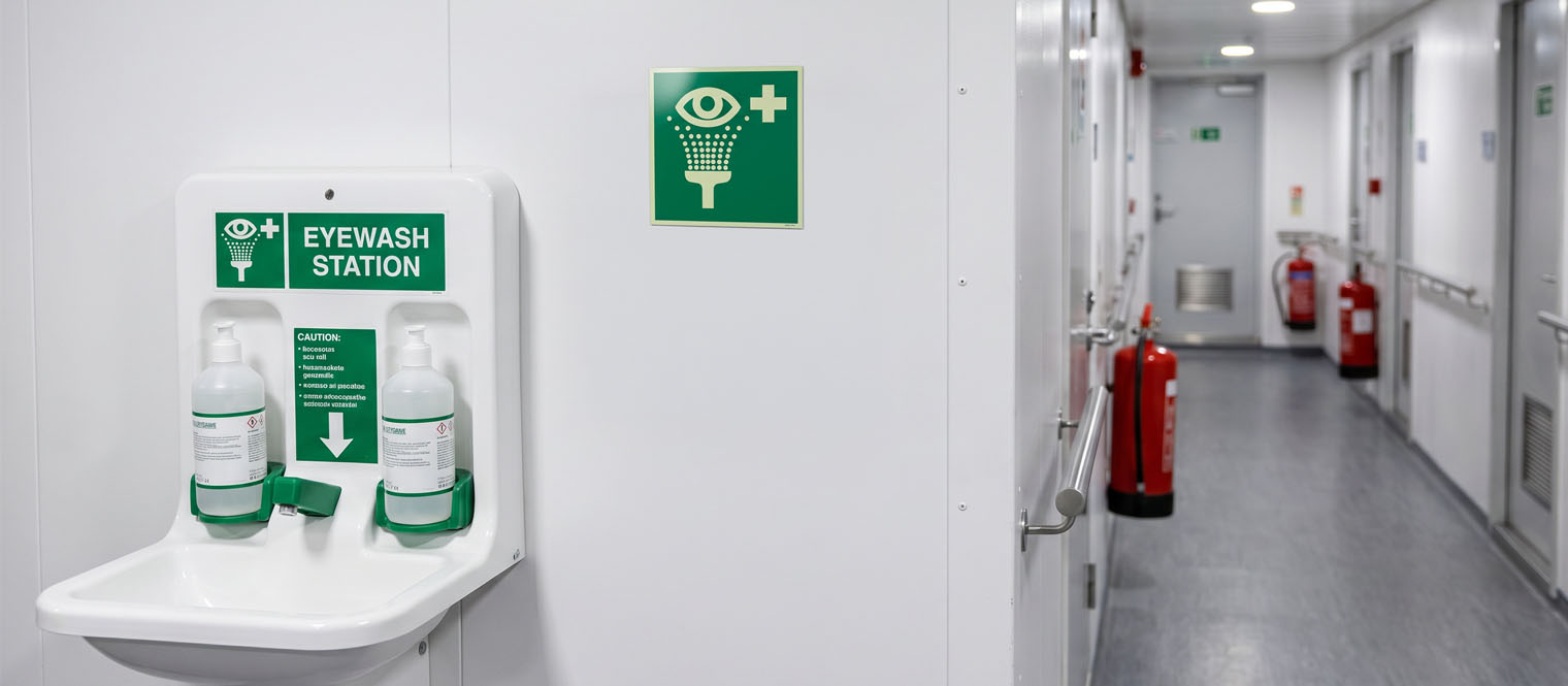 An emergency equipment location sign beside a first aid cabinet or eyewash station aboard a vessel.