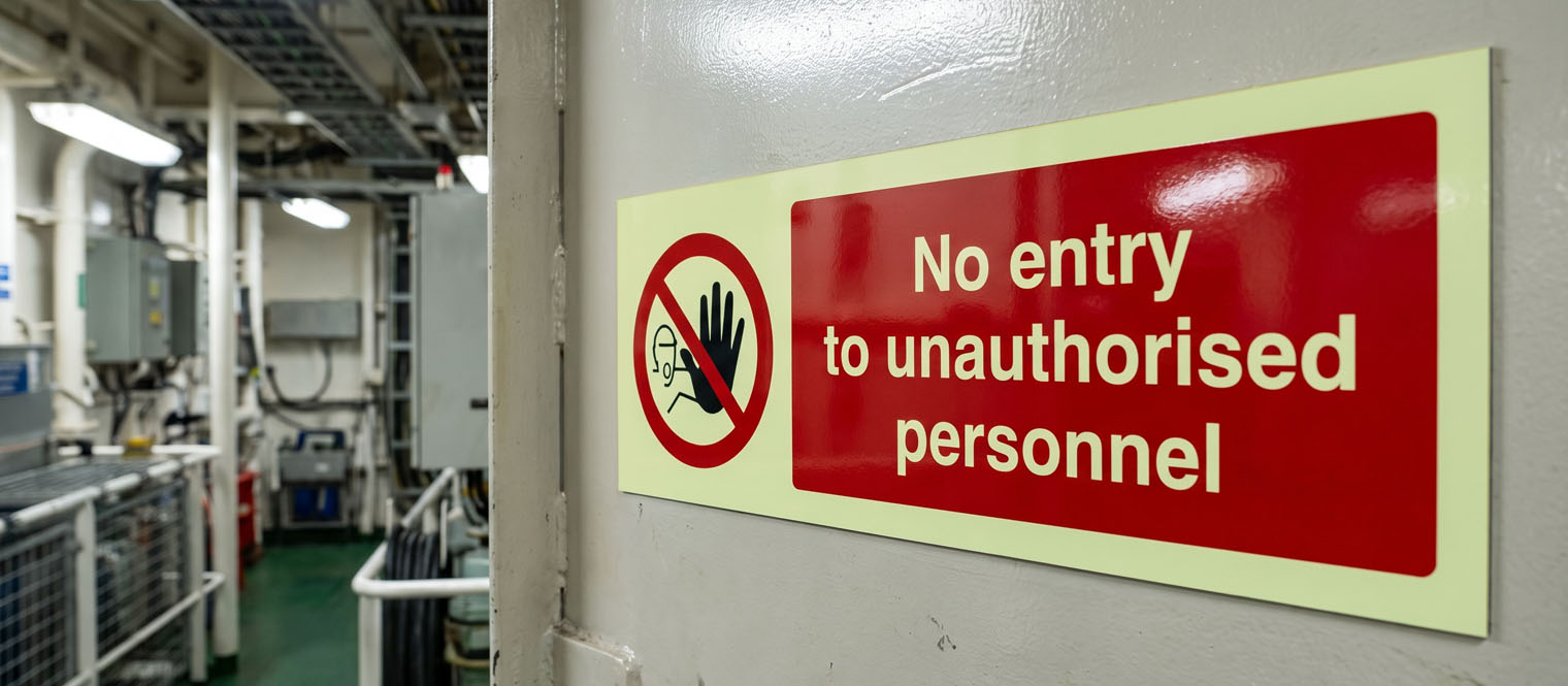 A prohibition sign at a controlled door or item of equipment aboard a vessel.