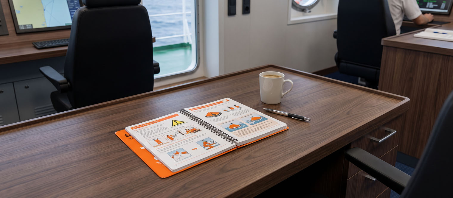 Record books and onboard manuals in use in a ship's office or training area.