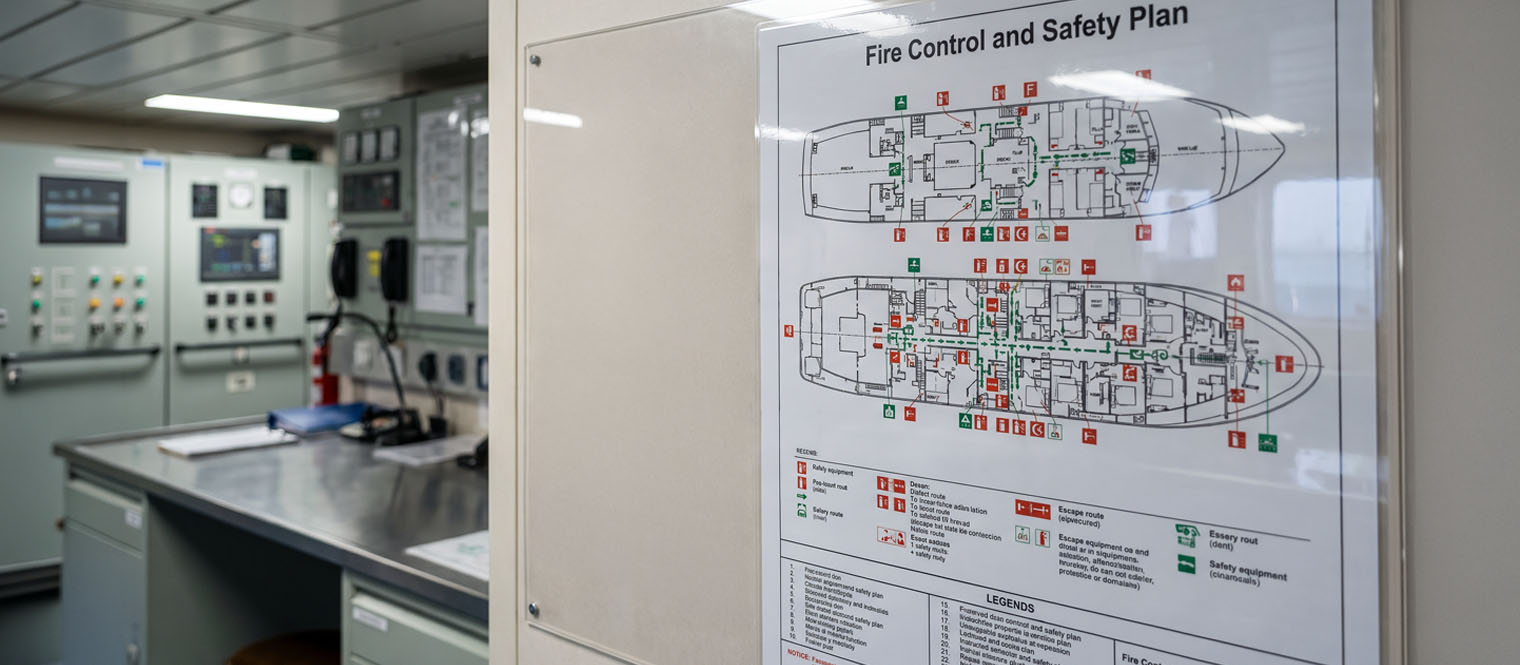 A sheet of safety pictograms beside a printed shipboard fire and safety plan.